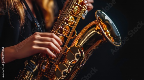 Close-up of a woman's hands playing a saxophone.