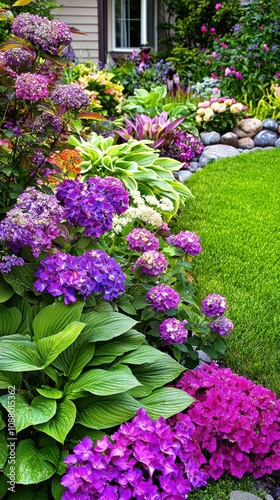 Wallpaper Mural Vibrant Floral Garden with Colorful Hydrangeas, Hostas, and Bright Green Grass Displaying the Beauty of Nature in a Suburban Landscape Torontodigital.ca