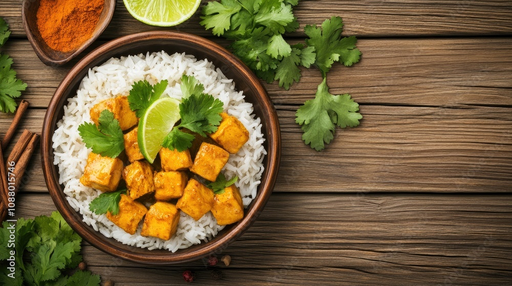 Delicious and Aromatic Indian Tofu Curry Served on a Bed of Steamed Rice Garnished with Fresh Cilantro and Lime Slices on Rustic Wooden Table Delicious and Aromatic Indian Tofu Curry Served on a Bed of Steamed Rice Garnished with Fresh Cilantro and Lime Slices on Rustic Wooden Table