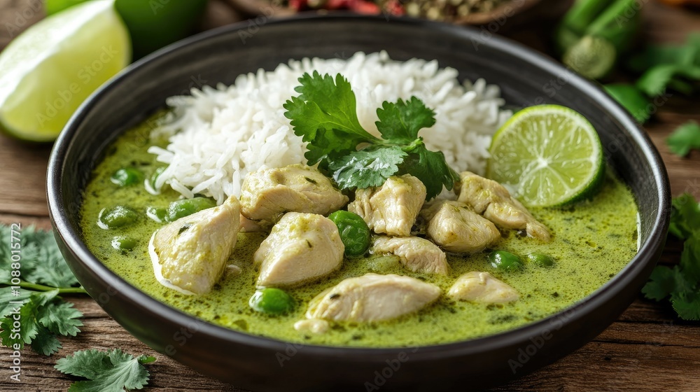 Creamy Green Curry with Tender Chicken Pieces, Fragrant Rice, Fresh Lime, and Vibrant Green Peas on a Rustic Wooden Table Creamy Green Curry with Tender Chicken Pieces, Fragrant Rice, Fresh Lime, and Vibrant Green Peas on a Rustic Wooden Table
