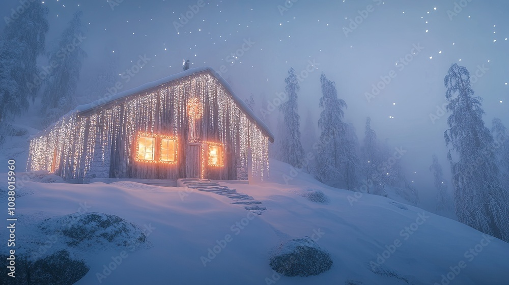 Cozy Winter Cabin Illuminated by Sparkling Lights Amidst a Snowy Landscape Filled with Pine Trees and Softly Falling Snow at Dusk Cozy Winter Cabin Illuminated by Sparkling Lights Amidst a Snowy Landscape Filled with Pine Trees and Softly Falling Snow at Dusk
