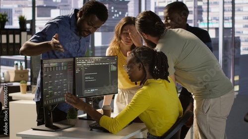 Plakat w ramie IT staff members arguing, having different ideas while testing and deploying programs and systems. Team of programmers fighting in office while checking code, having disagreement, camera A