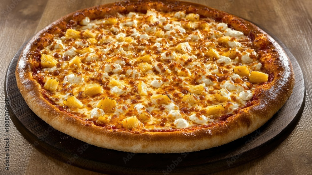 Deliciously Loaded Pizza with Golden Cheese, Juicy Pineapple Pieces, and a Perfectly Baked Crust on a Rustic Wooden Table Setting Deliciously Loaded Pizza with Golden Cheese, Juicy Pineapple Pieces, and a Perfectly Baked Crust on a Rustic Wooden Table Setting