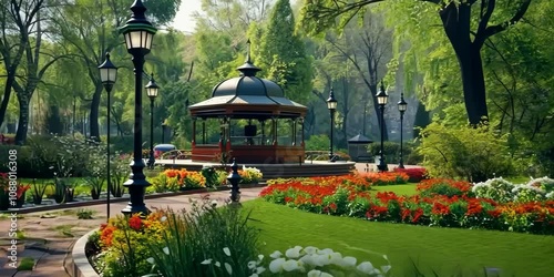 Park with a historic bandstand and flowerbeds, 4K , Video
