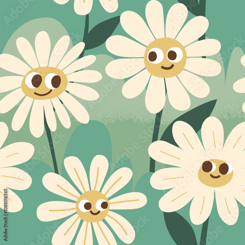 Smiling daisies chamomile flowers with faces, fun cute seamless pattern in pastel colors