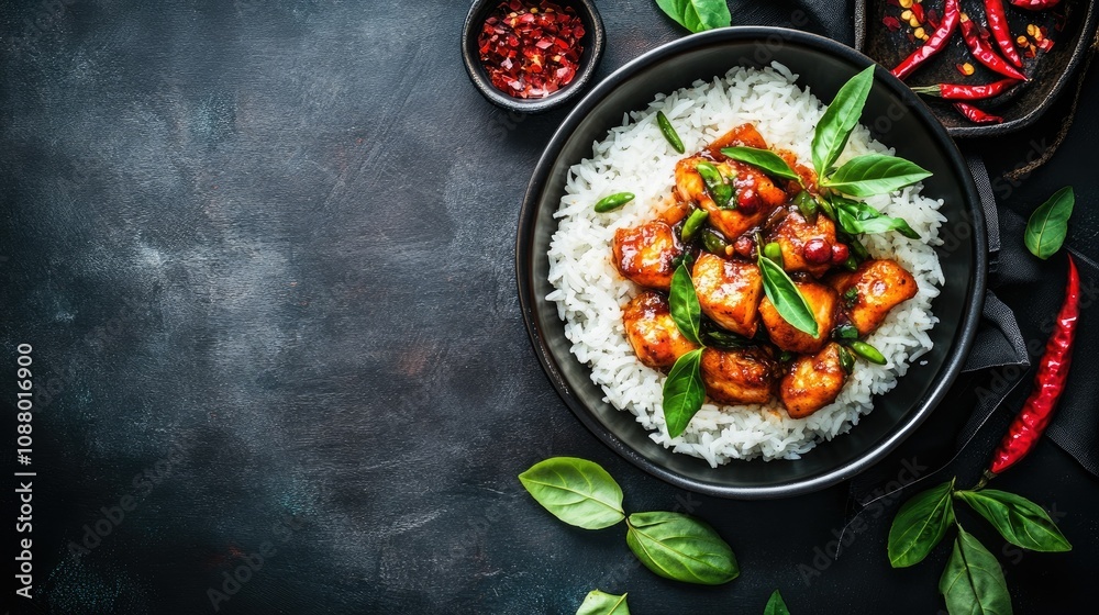 Delicious Plate of Chicken in Sweet Sauce Served on Rice with Fresh Basil and Spicy Chili Peppers on Dark Kitchen Table Delicious Plate of Chicken in Sweet Sauce Served on Rice with Fresh Basil and Spicy Chili Peppers on Dark Kitchen Table