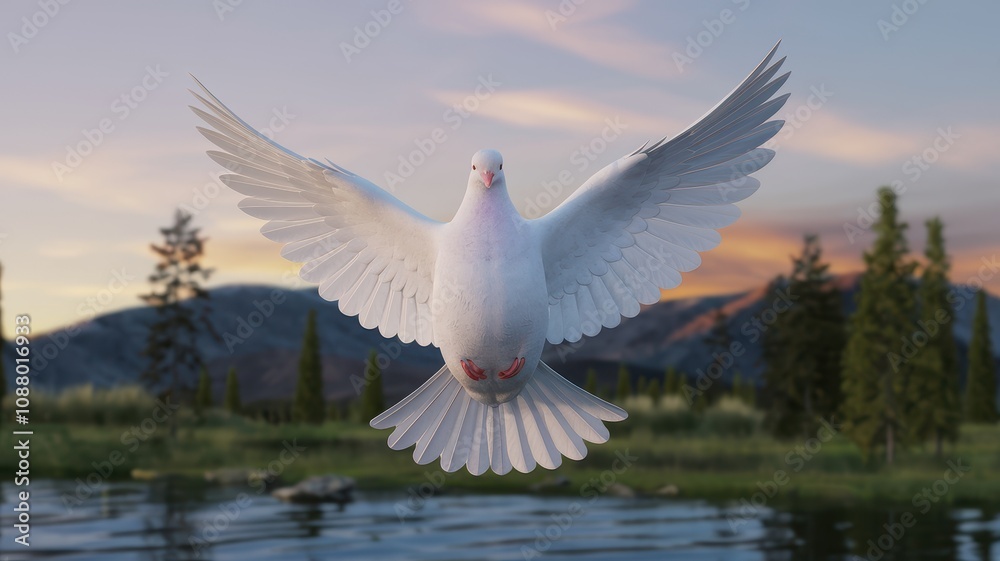 Fototapeta premium White Dove Flying Gracefully Over a Tranquil Lake with Scenic Forest Background
