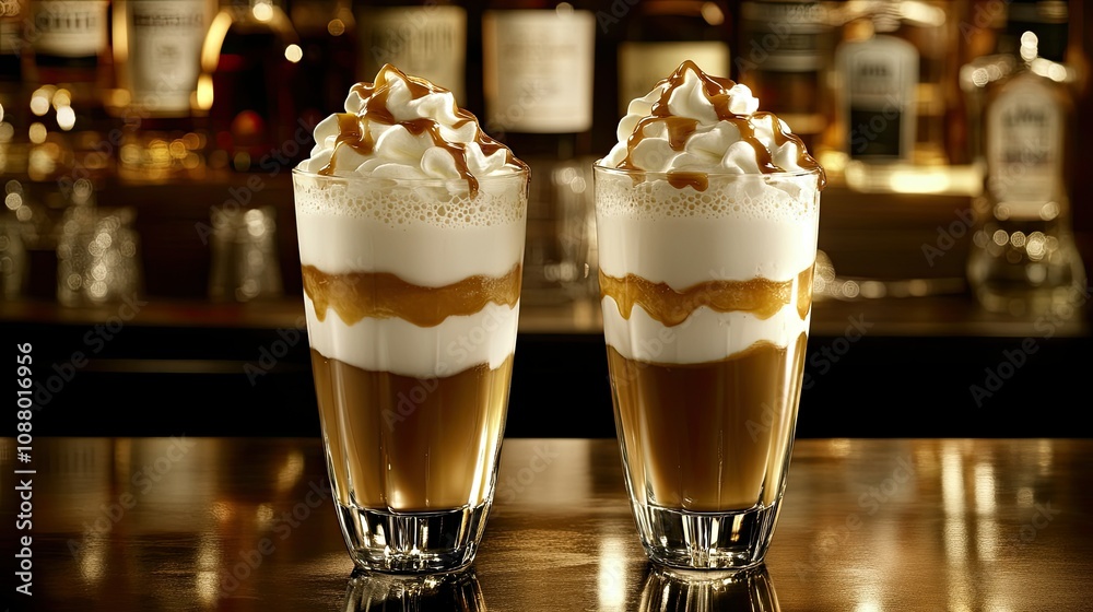 Deliciously Layered Coffee Dessert with Cream Topping and Caramel Drizzle in Elegant Glasses Set Against a Dark Bar Background Deliciously Layered Coffee Dessert with Cream Topping and Caramel Drizzle in Elegant Glasses Set Against a Dark Bar Background
