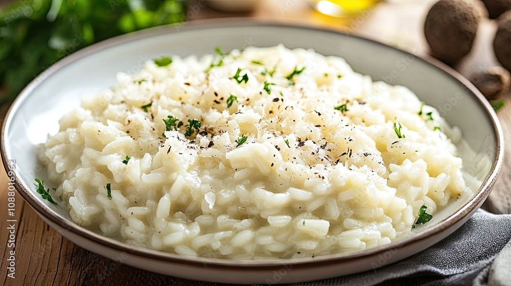 Creamy Risotto with Parmesan and Fresh Herbs Served on a Rustic Wooden Table Garnished with Black Pepper and Olive Oil Creamy Risotto with Parmesan and Fresh Herbs Served on a Rustic Wooden Table Garnished with Black Pepper and Olive Oil