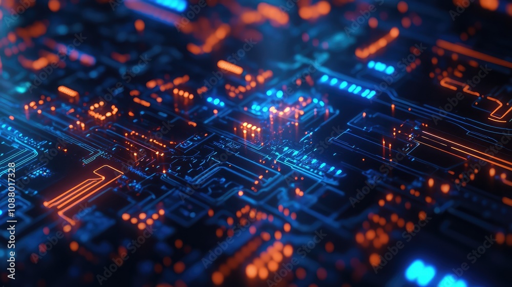 Futuristic Technology Background with Bright Neon Circuit Board Design, Microchips, and Abstract Data Grid for Digital Innovation and Computing Concepts Futuristic Technology Background with Bright Neon Circuit Board Design, Microchips, and Abstract Data Grid for Digital Innovation and Computing Concepts