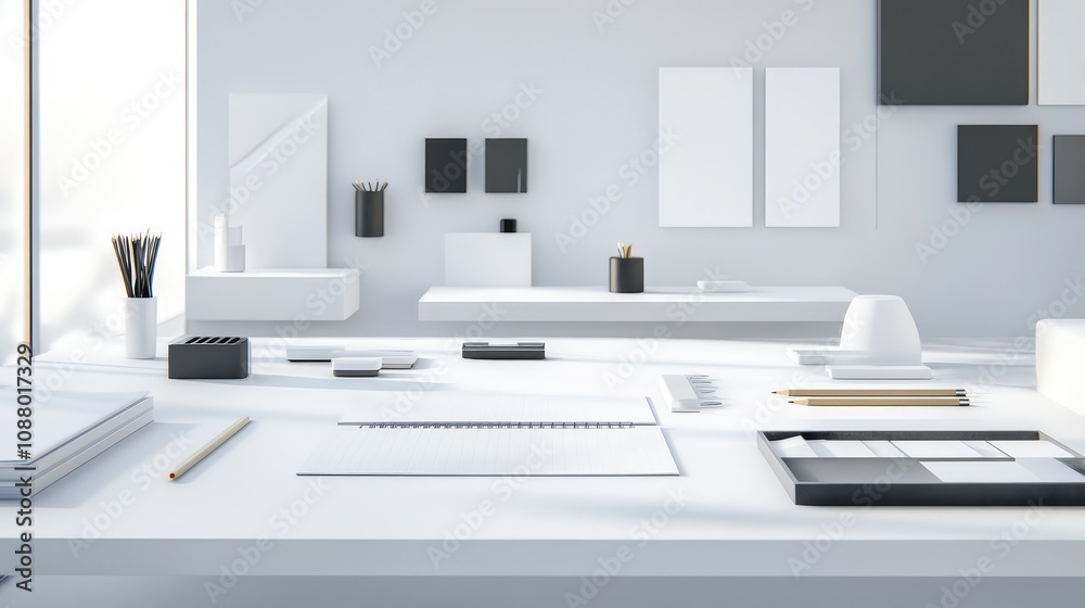 Aesthetic Minimalist Workspace with Sleek Design Elements, Clean Lines, and Organized Supplies in a Bright and Airy Environment for Creative Inspiration