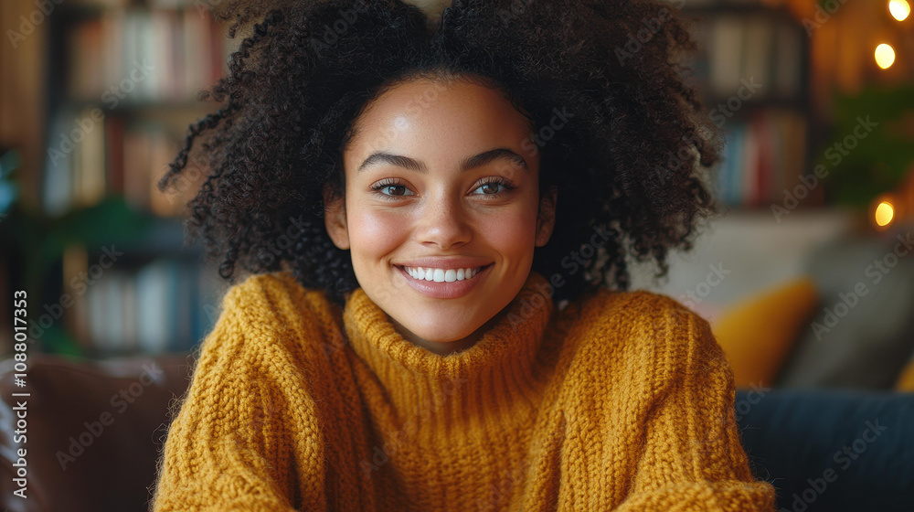 Young woman thrives in a relaxed remote work setup, enjoying a virtual meeting with a bright and modern ambiance. Young woman thrives in a relaxed remote work setup, enjoying a virtual meeting with a bright and modern ambiance.