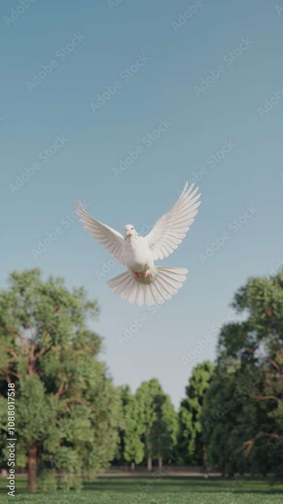 Obraz premium White Dove Soaring Above a Lush Park with Tall Green Trees and a Blue Sky