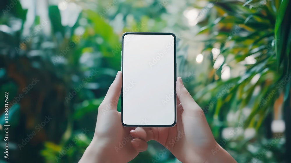 A person holding a smartphone with a white screen, with a blurred background of green plants. A person holding a smartphone with a white screen, with a blurred background of green plants.