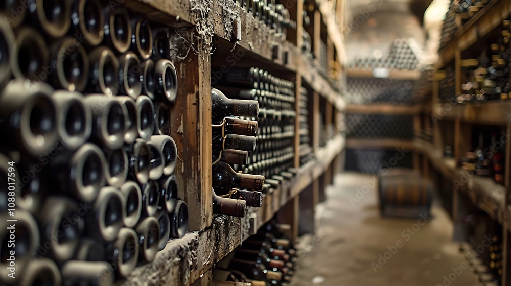 A dimly lit wine cellar showcasing neatly arranged bottles on wooden shelves, emphasizing storage and aging of wine. A dimly lit wine cellar showcasing neatly arranged bottles on wooden shelves, emphasizing storage and aging of wine.