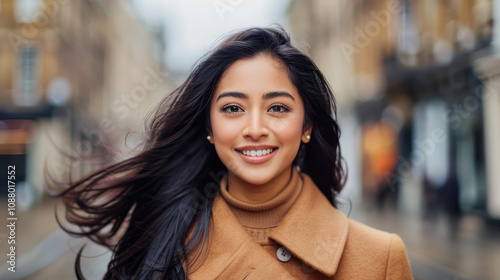 A cheerful young woman in a stylish dress and coat strolls happily along the vibrant street, radiating positivity.