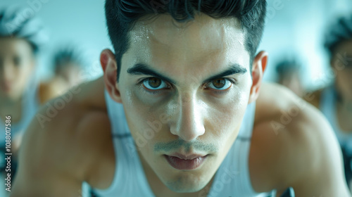 Energetic man leads a cycling class, inspiring diverse group to push their limits and achieve fitness goals together. photo