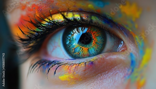  "A close-up of an eye with colorful paint on it, a beautiful":