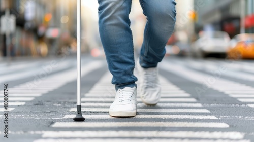 A blind man skillfully navigates city streets, using his walking stick for guidance, showcasing resilience and independence.