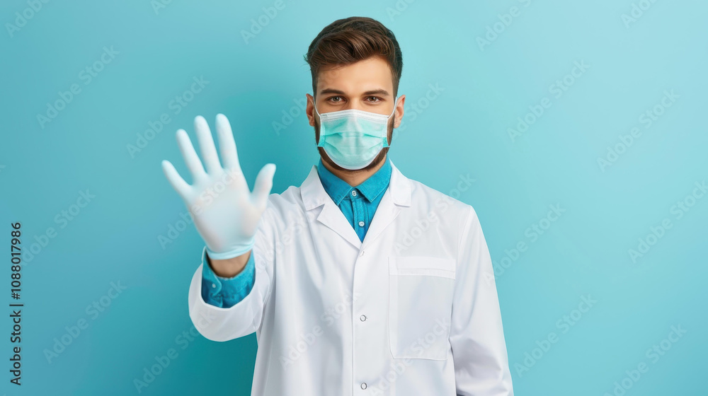 A cheerful male dentist at a clinic holds up his hand in a stop gesture, promoting patient comfort and care. A cheerful male dentist at a clinic holds up his hand in a stop gesture, promoting patient comfort and care.