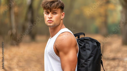 Young athlete trains outdoors, carrying a fitness bag, showcasing dedication and style in his workout routine.