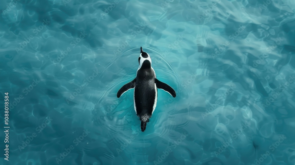 Obraz premium A stunning top view captures the Humboldt penguin gracefully diving into the water, showcasing its sleek form and playful nature.