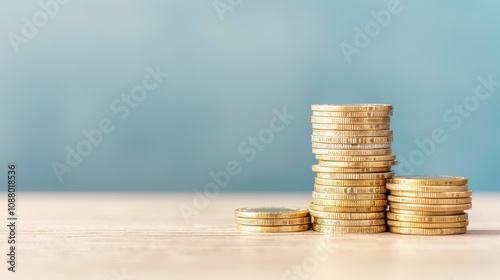 Shiny stacks of coins piled high on a desk, symbolizing wealth and the art of saving money.