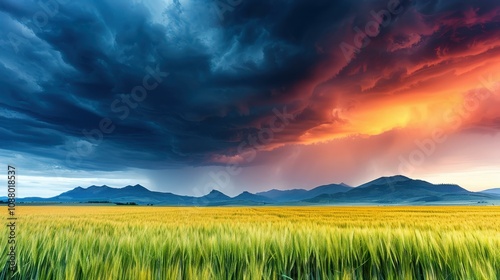 A dramatic panorama of storm clouds rolling over an open field, illuminated by the warm glow of sunrise or sunset.