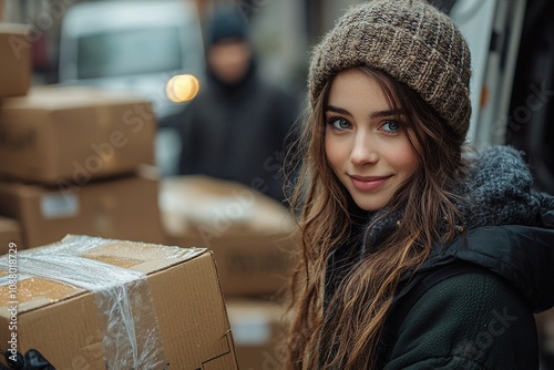 A cheerful young woman standing outside her house, smiling as she accepts a delivery parcel from a courier