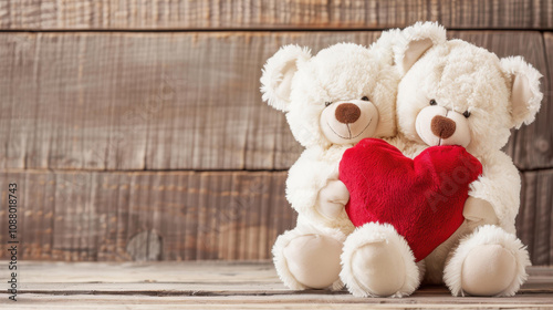 Cute teddy bears hold a heart, perfect for a sweet Valentines Day background that spreads love and joy. photo