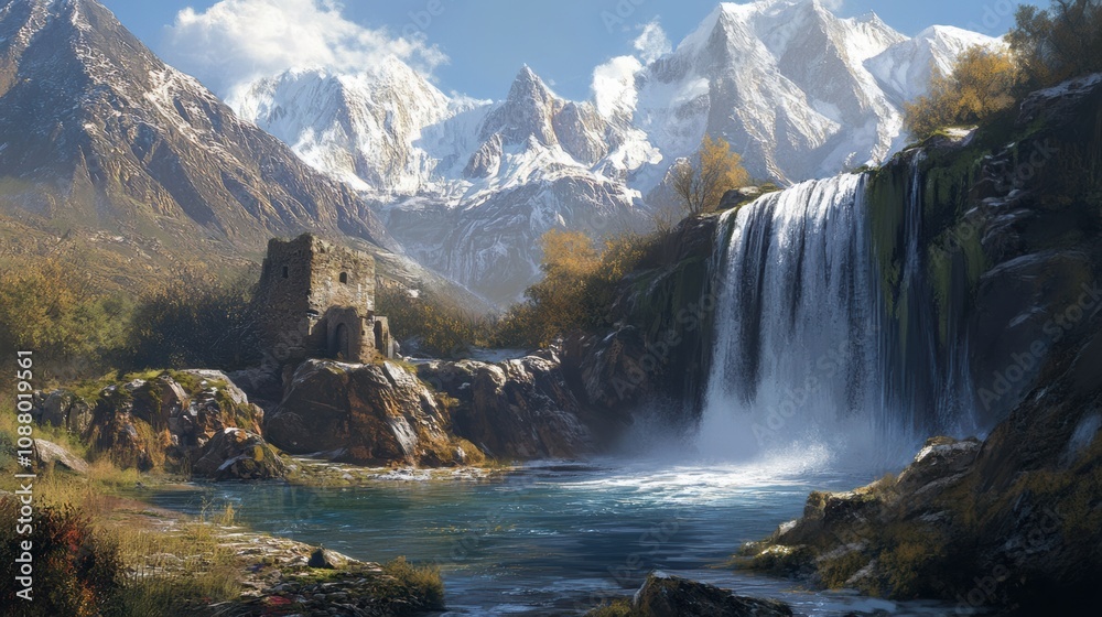 Scenic Waterfall Cascading from Snow-Capped Mountains Surrounded by Lush Greenery and Ancient Ruins in a Serene Natural Landscape Scenic Waterfall Cascading from Snow-Capped Mountains Surrounded by Lush Greenery and Ancient Ruins in a Serene Natural Landscape