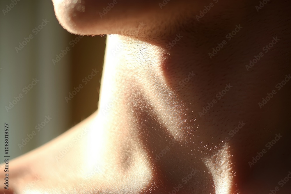Fototapeta premium Close-Up of a Human Neck Highlighting Skin Texture and Natural Light, Capturing Subtle Shadows and Details on a Simple Background