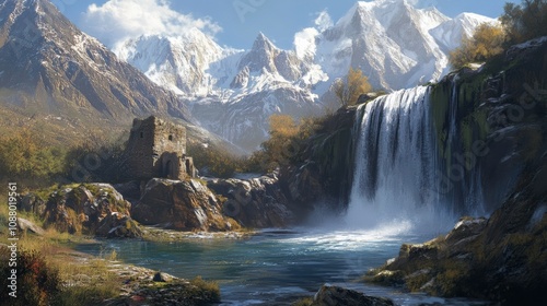 Scenic Waterfall Cascading from Snow-Capped Mountains Surrounded by Lush Greenery and Ancient Ruins in a Serene Natural Landscape