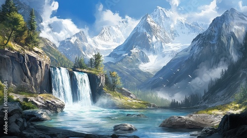 Majestic Mountain Landscape with Cascading Waterfall and Clear Blue Lake Surrounded by Lush Greenery and Snow-Capped Peaks Under a Bright Sky