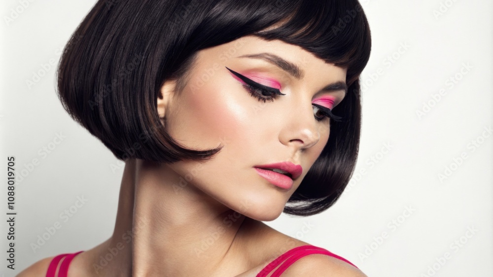 This captivating image portrays a woman with a sleek bob hairstyle and a minimalistic outfit. Her makeup is classic with soft peach blush and subtly defined eyes. A line of neon This captivating image portrays a woman with a sleek bob hairstyle and a minimalistic outfit. Her makeup is classic with soft peach blush and subtly defined eyes. A line of neon