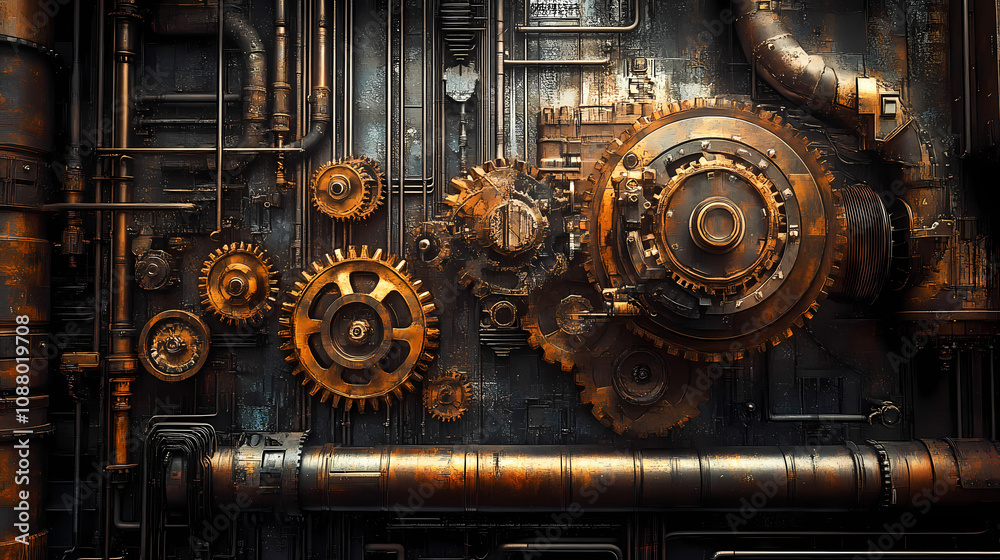 Intricate steampunk machinery with gears and pipes in vintage industrial engineering texture. Steampunk Clockwork Gears. Illustration Intricate steampunk machinery with gears and pipes in vintage industrial engineering texture. Steampunk Clockwork Gears. Illustration