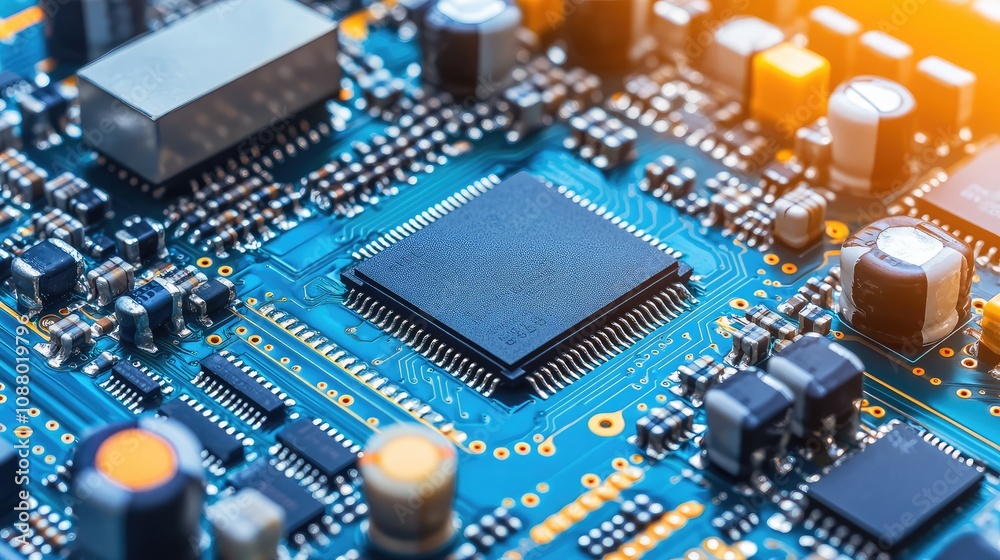 Close-up of a Modern Circuit Board Featuring Microchip with Multiple Components, Resistors, and Electric Connections for Electronic Technology Background Close-up of a Modern Circuit Board Featuring Microchip with Multiple Components, Resistors, and Electric Connections for Electronic Technology Background