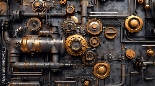 Intricate steampunk machinery with gears and pipes in vintage industrial engineering texture. Steampunk Clockwork Gears. Illustration