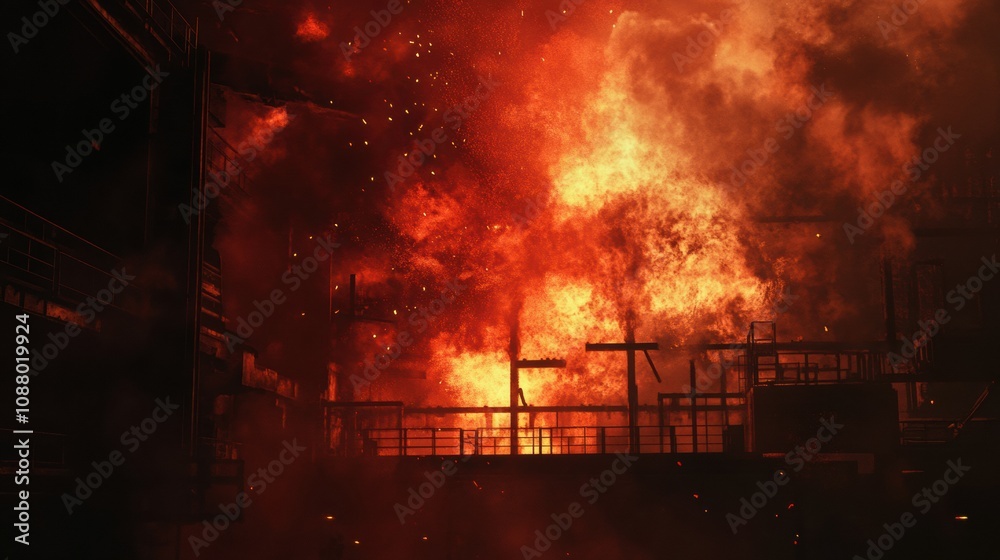 Fototapeta premium Bright flames and molten steel erupt from an industrial furnace at a steel mill during nighttime, showcasing intense manufacturing activity. Generative AI