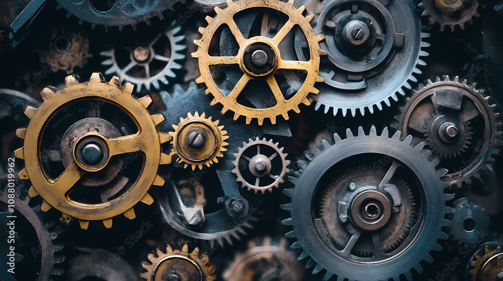 Close-up of intricate mechanical gears and cogs in motion, steampunk aesthetic. Steampunk Clockwork Gears. Illustration Close-up of intricate mechanical gears and cogs in motion, steampunk aesthetic. Steampunk Clockwork Gears. Illustration