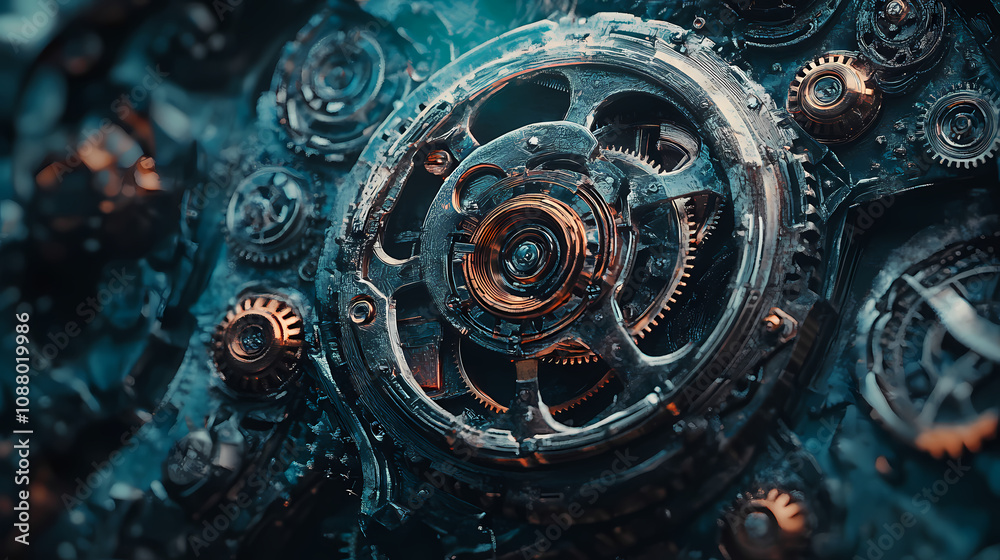 Close-up of intricate mechanical gears and cogs in motion, steampunk aesthetic. Steampunk Clockwork Gears. Illustration Close-up of intricate mechanical gears and cogs in motion, steampunk aesthetic. Steampunk Clockwork Gears. Illustration