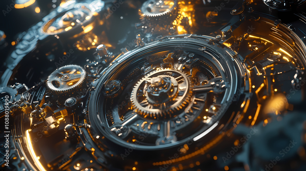 Close-up of intricate mechanical gears and cogs in motion, steampunk aesthetic. Steampunk Clockwork Gears. Illustration Close-up of intricate mechanical gears and cogs in motion, steampunk aesthetic. Steampunk Clockwork Gears. Illustration