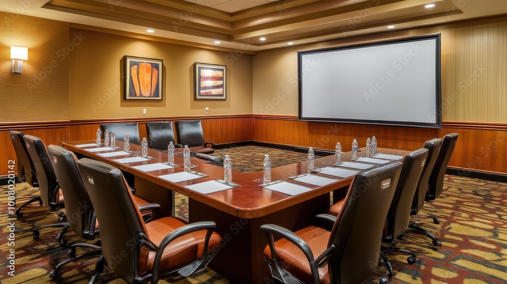 Modern Conference Room Setup with Large Table, Comfortable Chairs, and Presentation Screen Ideal for Meetings and Collaborative Work Environments Modern Conference Room Setup with Large Table, Comfortable Chairs, and Presentation Screen Ideal for Meetings and Collaborative Work Environments