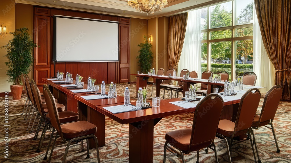 Modern Conference Room Setup with Large Windows, Natural Light, and Elegant Decor Ideal for Business Meetings and Corporate Events Modern Conference Room Setup with Large Windows, Natural Light, and Elegant Decor Ideal for Business Meetings and Corporate Events