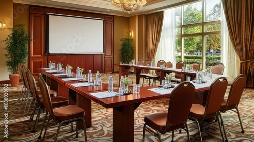 Modern Conference Room Setup with Large Windows, Natural Light, and Elegant Decor Ideal for Business Meetings and Corporate Events