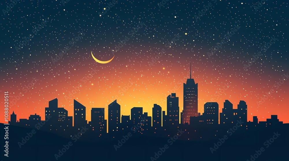 Night view of beautiful city with shiny stars and big moon. Night view of beautiful city with shiny stars and big moon.