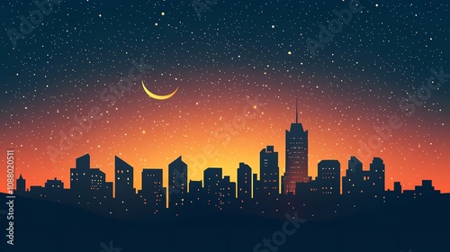Night view of beautiful city with shiny stars and big moon. photo