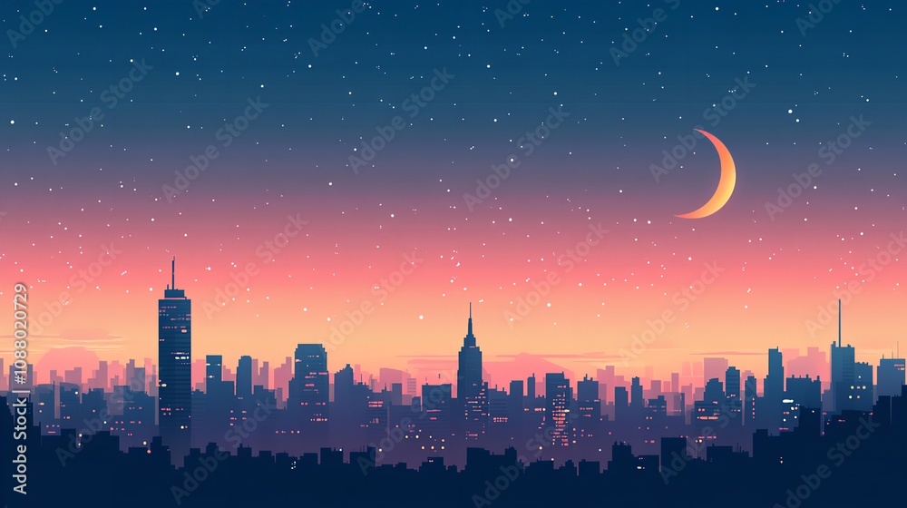 Night view of beautiful city with shiny stars and big moon. Night view of beautiful city with shiny stars and big moon.
