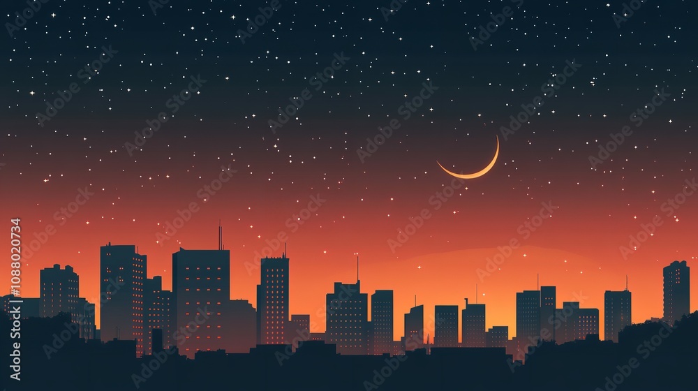 Night view of beautiful city with shiny stars and big moon.