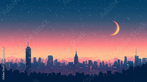 Night view of beautiful city with shiny stars and big moon. photo
